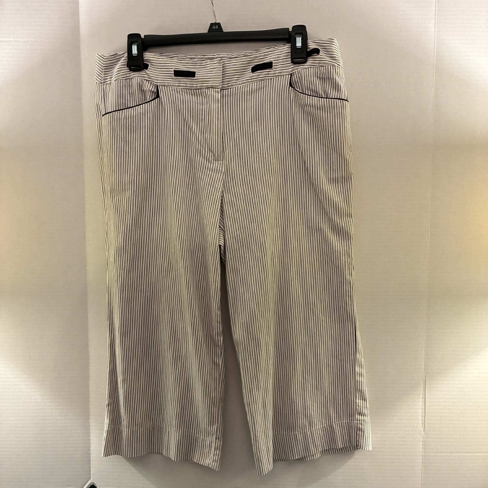 Larry Levine Pinstripe Pants Womens 12 White Black Cropped Wide Leg Trousers